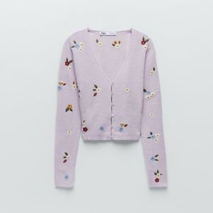 Zara Lilac Floral Embroidery Knit Cardigan NWT
